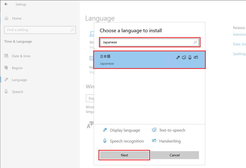 Windows Settings - Language -Choose a language to install