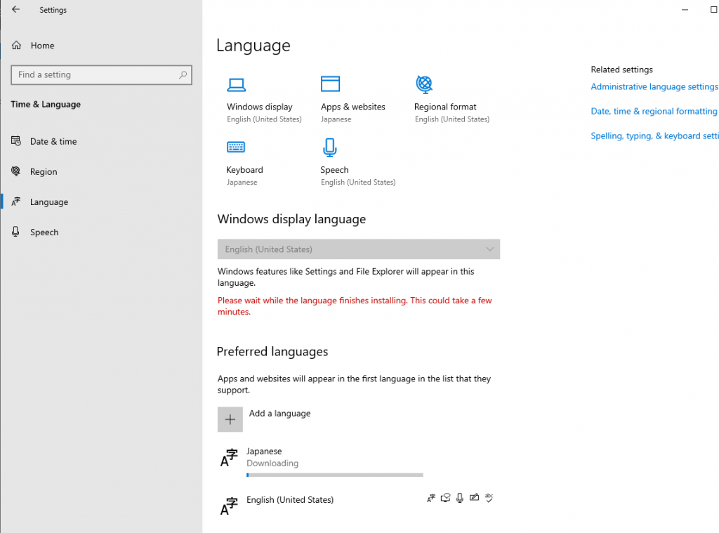 Windows Settings - Language